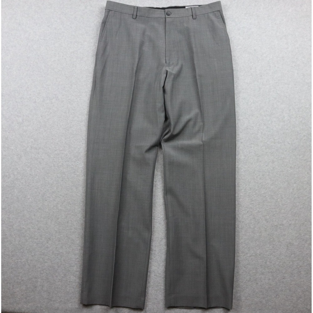 Claiborne Pants Mens 34x32 Luxe Wool Dress Suit Formal Flat Front Gray Plaid